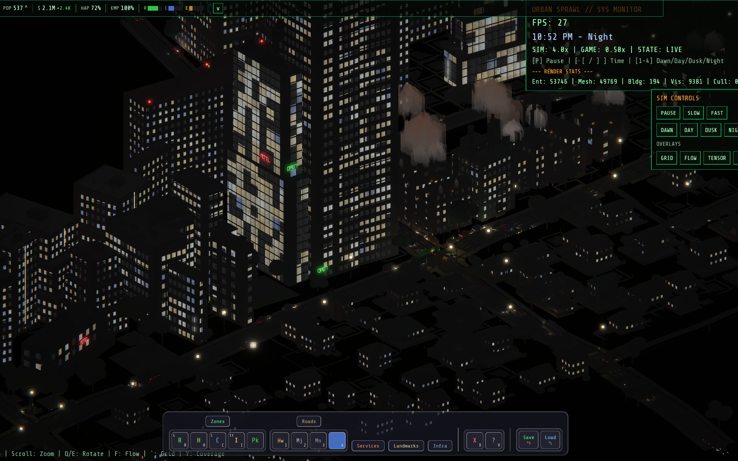 Night city with smoke